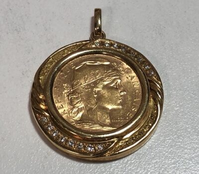 フランス ルースター金貨20フランK21.6+メレダイヤ付きK18枠 ペンダントトップ をお買取りさせていただきました!